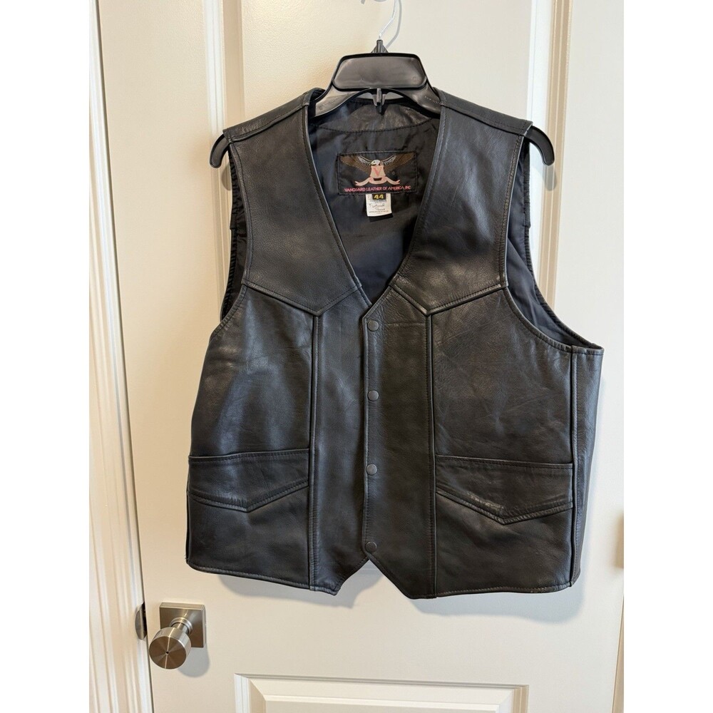 Vintage 90s Vanguard Leather Biker Vest Mens 44 Black Genuine Leather Motorcycle